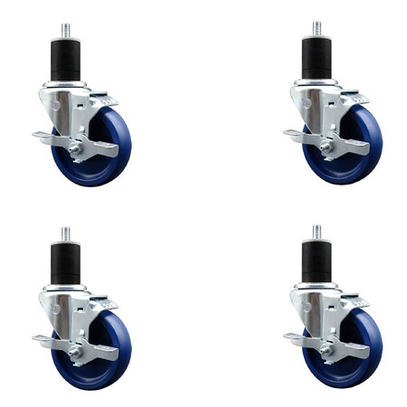 Service Caster 4'' Solid Poly Swivel 1-3/4'' Expanding Stem Caster Set with Brake, 4PK SCC-EX20S414-SPUS-TLB-134-4